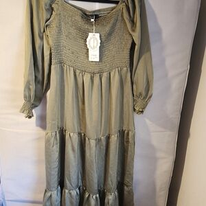 Elegant Olive Green Smocked Maxi Dress